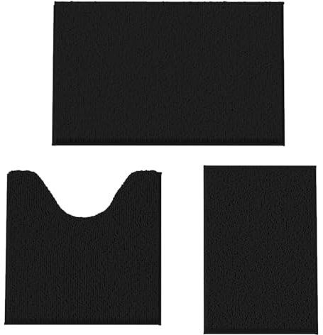 COMPOLICY PLACEROOM Bathroom Mat Set of 3, Bath and Toilet Mat Set,Ultra Soft Chenille Bath Mat Non Slip,Bath Mat Sets 3 Piece Washable,Super-Absorbent Bath(Black bath set)