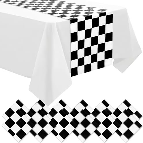 DEMIUKO 12 Pcs Chemin de Table Noir et Blanc Table de Fête à Damier Chemin de Table en Carreaux Nappes Moderne Chemin Table de Noël pour la Maison Cuisine Fêtes d'anniversaire des Enfants Décor