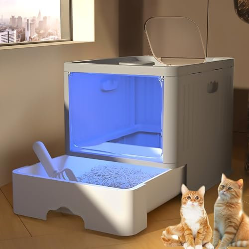 Pucaru Katzenklo, Katzenklo Hoher Rand, Katzentoilette mit Schublade, Katzenklo mit Deckel, Leicht zu Reinigen, mit Schaufel(Grey)