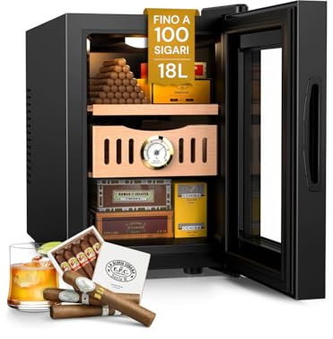Wintem Umidificatore per 100 Sigari 55W con Temperatura Regolabile 16°/22°C - Due Mensole in Legno e Lettore di Umidità - Frigo Compatto ed Elegante Nero per Sigari Toscani e Cubani 26,5x51,5x39,3cm