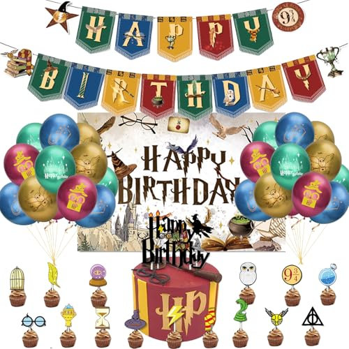 Wizard Birthday Party Decoration, Background Cloth, Happy Birthday Banner, Balloon, Birthday Cake Topper Fork, Black Ribbon, Full of Magic Birthday Party Decoration Supplies
