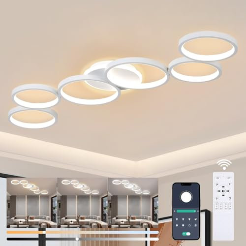 Liyabber LED Deckenleuchte Dimmbar Wohnzimmer Deckenlampe Weiß Wohnzimmerlampe Schlafzimmerlampe Fernsteuerung und App Steuerung, Modern 6-Rund Ring Deckenbeleuchtung mit Memory Funktion, L113cm/69W