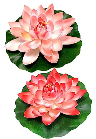 KOCKSHION 2 Stück Künstliche Lotusblumen Deko Schwimmende Seerosen für Aquarium und Teich Lebensnahe Kunstblumen mit Rot und Hellrosa für Garten und Innenräume