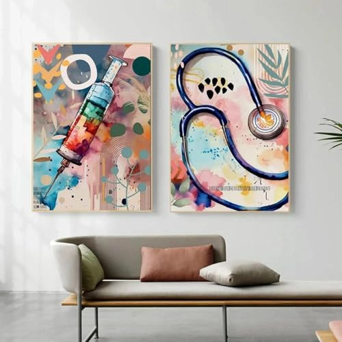 Abstrakte Bunte Medizinische Ausrüstung Poster Drucke Leinwand Malerei Böhmischen Wand Kunst Arzt Krankenschwester Büro Dekoration 50X70Cmx2Pcs Kein Rahmen