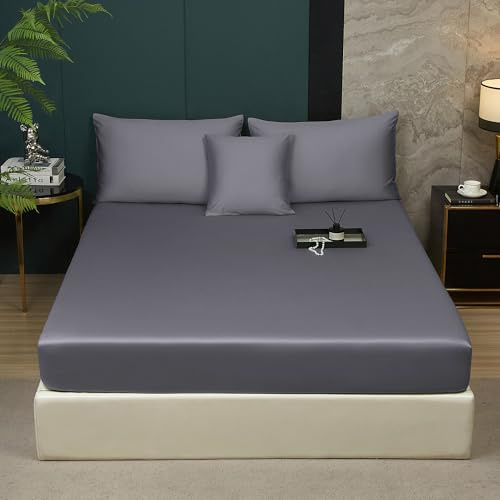 Luofanfei Mako Satin Baumwolle Spannbettlaken 140x200 Grau Boxspringbett | Jahreszeiten Topper ÖKO-TEX Bettlaken,Kühlend Glatt Muster und Atmungsaktiv Spannbetttücher,für Hohe Matratze bis 25-30 cm