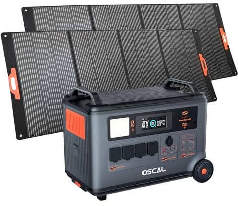 Station d'énergie portable OSCAL PM3600+2*PM400, Batterie de secours domestique LFP 3600Wh, Charge complète 1.2H, Générateur solaire pour le camping, le camping car, avec 2 panneaux solaires 400W