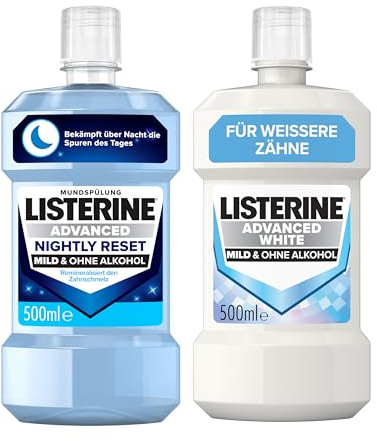 LISTERINE Advanced White & Nightly Reset Bundle – Mundspülungen für weißere, stärkere Zähne über Nacht & am Tag, mit Fluorid, milder Geschmack, antibakteriell & tiefenwirksam