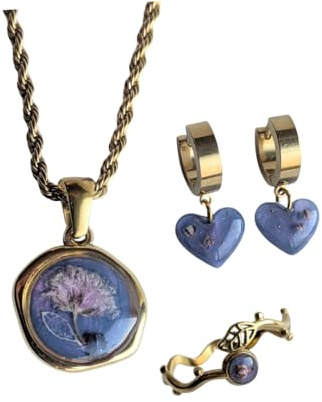 Es war einmal by Veronica Handgefertigtes Schmuckset Damen mit echten Blumen und Strass – Halskette, Ohrringe und verstellbarer Ring | 3-teilig | Geschenkset in Samtbox