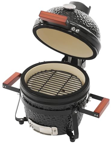 Keramikgrill Kamado Holzkohlegrill 13 Zoll, Mini BBQ Grill mit Thermometer & Bambusgriffen, Smoker für Garten Terrasse & Camping, Keramik Grillofen 50-800°F, Schwarz