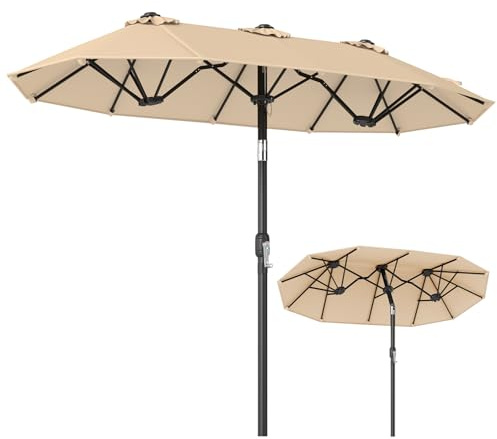 COSTWAY Sombrilla Doble Terraza Exterior 400 x 200 cm, Parasol Jardin Grande con Base Rellenable, Manivela, 12 Varillas, Sombrilla de Patio