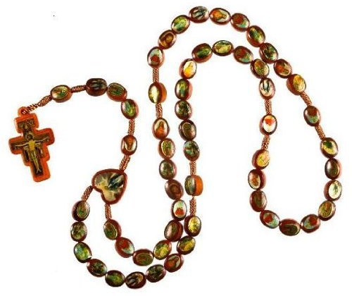St Joseph's Catholic Giftshop Icon and Saints Rosary. Brown Wood Rope Necklace. 48 cm. Fits Over Head. Franciscan Crucifix. Assorted Saints. Catholics, Women