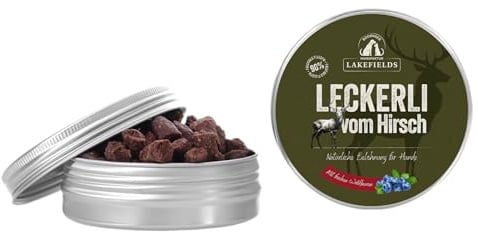 Lakefields Hundeleckerli | Trockenfleischwürfel vom Wild | 50g | 90% Hirschfleisch | Getreidefreie Hunde Snacks mit Kartoffeln & Waldbeeren | Knusprige Belohnung für Zwischendurch | Ohne Zusätze