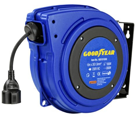 Goodyear Carrete de cable eléctrico automático Carrete de cable Carrete de cable de alto rendimiento 3G1,5mm² x 15 m con soporte giratorio Enrollado 1000W Desenrollado 2000W
