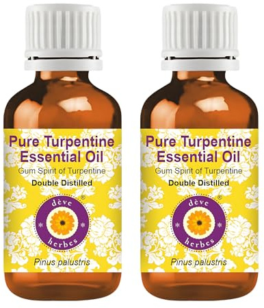 Deve Herbes Turpentine Essential Oil (Pinus palustris)-Gum Spirit of Turpentine Pure | Non-Sticky | Non-Greasy | Lightweight | Men & Women | All Skin Types | Double Steam Distilled 100ml X 2