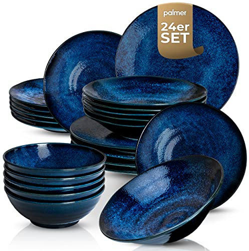 Palmer Kiryu Porzellan-Geschirrset 6 Personen, modernes Tafelservice 24-teilig, Kombiservice Porzellan, Geschirrset Dunkelblau, Spülmaschinen -& Ofenfest