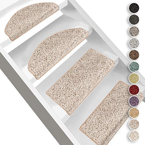 Floordirekt Hochflor-Stufenmatten Bali | Halbrund oder Eckig | Treppenmatten in 11 Farben | Strapazierfähig & pflegeleicht | Stufenteppich für Innen (Beige, Halbrund 56 x 19 cm)