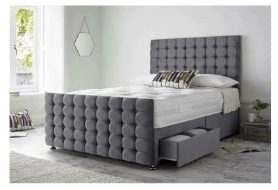 Luxurious Beds Grey Divan Bed with Mattress Headboard And 2 Bottom End Storage Drawers (Super King Size 183CM X 205CM)