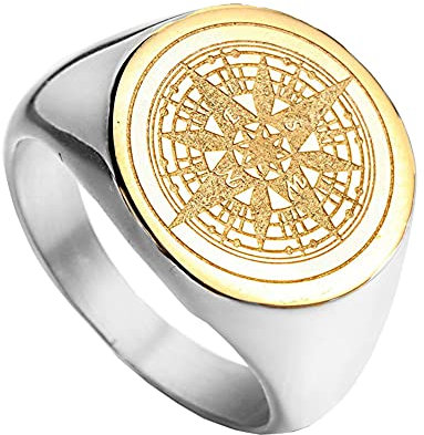 OAKKY Herren Edelstahl Sterne Jahrgang Gothic Runden Nautisch Kompas Mystisch Hip Hop Siegel Ring Klassisch Biker Band Gold Silber Größe 57 (18.1)