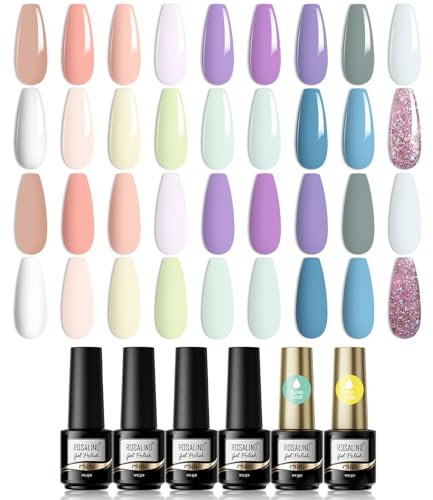 ROSALIND Gel Nagellack UV Nagellack Lila Nude Blau Set,18 Farben UV LED Gel Nagel Set und Base und Top Coat Nagellack Glitter Shellac Weiß Grün Violett Pastell Set Soak Off Gel 20Pcs