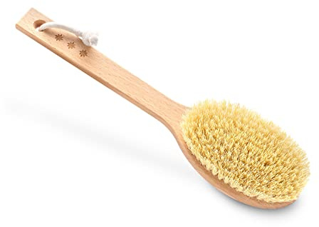 HHUUMM - Lange Massagebürste mit Stiel - Weiche Borsten, handmade aus Buchenholz - Trockenbürste Körper - Dry Brush - Tampico-Faser 11x45x6 cm