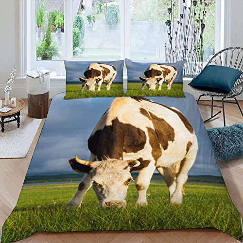 XIWEIER Bettwäsche 200x200 Kühe Bio-Weide Bettbezug 200x200 mit ReißVerschluss 3D Motiv Bettwäsche Set Sommer Weiche Leicht Mikrofaser Teenager Bettbezüge mit 2 Kissenbezug 80x80 cm