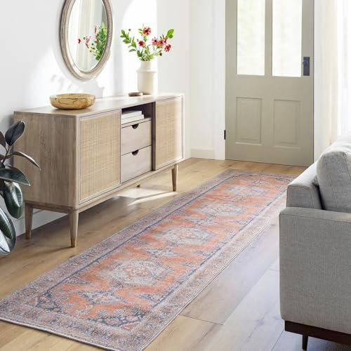 Livabliss Tessot Machine Washable Rug - Vintage Runner Rugs Living Room, 80x220 cm - Traditional Boho Rug Style, Dining Room, Kitchen, Outdoor, Hallway - Burnt Orange, Blue, Tan Rug