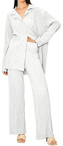 ZAFUL Damen Hosenanzug Elegant 2 Teiler Casual Button Down Shirt und Weite Hosen Zweiteiler Sommer Outfits Streetwear Weiß