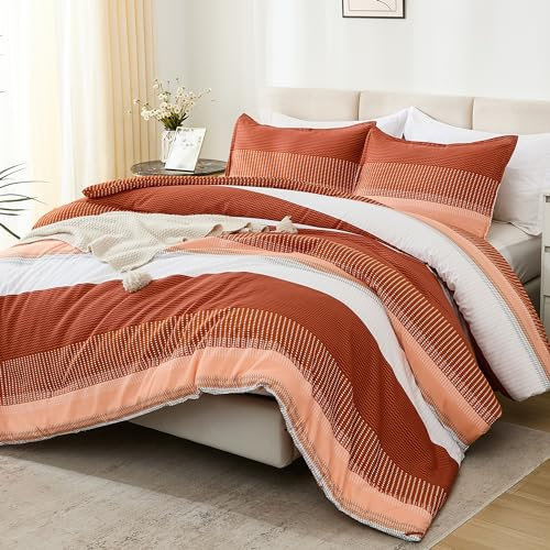 Litanika Burnt Orange Bettdecken-Set, volle Größe, 3-teilig, Boho-Terrakotta-Streifen, weiches Bettwäsche-Set, rostfreies, flauschiges Bettwäsche-Set (200 x 228 cm Bettdecke und 2 Kissenbezüge)