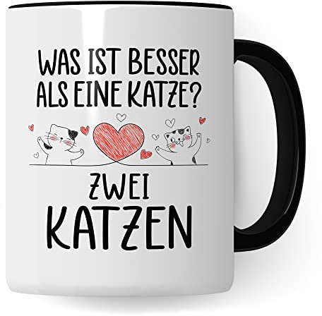 Katzen Tasse Kaffeetasse Humor Kaffee-Becher mit Spruch Katze Witz Katzenmama Geschenk Geschenkidee für Katzenliebhaber Kaffee und Katzen Kaffeeliebhaber Tasse fürs Büro Zwei Katzen (Weiß/Schwarz)