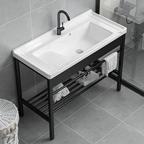 Lavabo in ceramica Bianco Lavatoio Lavello for Esterno e Interno Mobile Lavandino con piedistallo Supporto in Acciaio Inossidabile for ristoranti,bagni,Garage,Magazzini,il Bagno e Toilette ( Size : 81