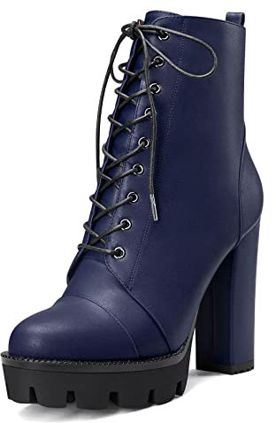 Castamere Donna Alto High Tacco Heel Piattaforma Chunky Blocco Rotonda Punta Stivaletti Lacci Cerniera Stivali Blu 35 EU
