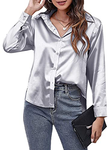 Damen Satin Hemd Langarm Blusen Button Down Arbeitsoberteil Seidenähnliche Hemden für Damen Bürooberteile