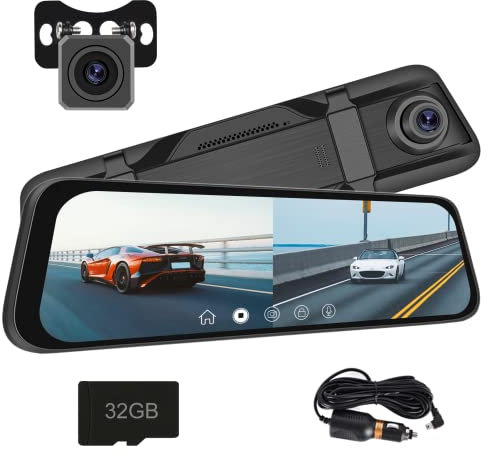 Dashcam Rückspiegel Kamera, 9,66 Zoll IPS LCD Touchscreen Smart Rückspiegel für Autos, HDR Front- und Rückansicht Dual Kameras 1080P, Nachtsicht, Parküberwachung, Loop-Aufnahme DVR, Spiegel Dashcam