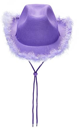 Miolasay Sombrero de vaquero con ribete de felpa para mujer, con cordón ajustable, estilo disco occidental, accesorio de disfraz de fiesta, A-morado., Talla única