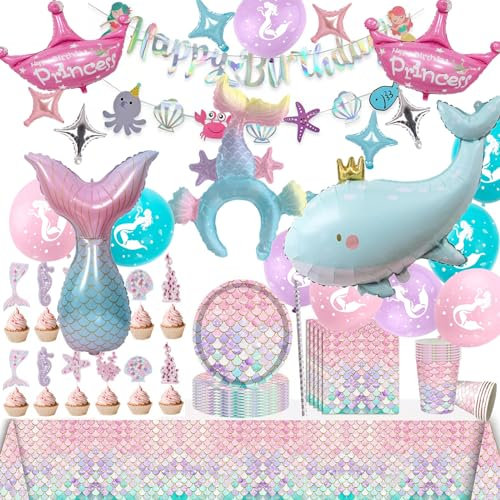 116 Stück Meerjungfrauen Deko Kindergeburtstag, Deko Meerjungfrau Kindergeburtstag Tischdecke, Meerjungfrauen Kuchen Deko, Meerjungfrau Partygeschirr Set Luftballon Tortendeko , Mädchen Geburtstagsdek