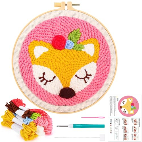 JSRQT Punch Needle Stickerei Set für Anfänger,Stanznadel Stickerei Starter Kit,Starter Stanznadelstoff Muster Set mit Sika-Hirsch-Muster, Garn, Stickrahmen, Einfädler-Werkzeug für Stanznadel