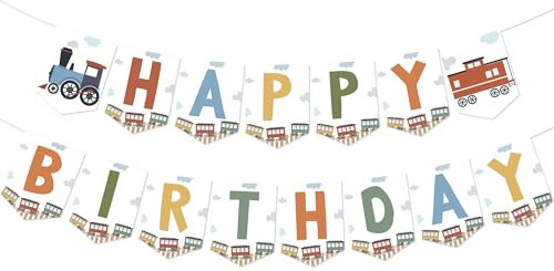 Sursurprise Train Birthday Banner, Retro Train Happy Birthday Banner Decorations, Railroad Steam Modern Train Birthday Party Supplies