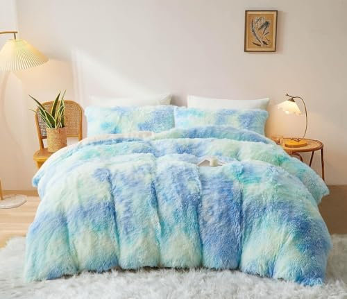 Sacebeleu Winter Bettwäsche 135x200cm 4 Teilig Plüsch Langhaar Flauschig Flanell Biber,Blau Bettbezug Warme 2 Bettbezug und 2 Kissenbezug 80x80cm mit Reißverschluss