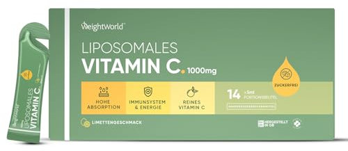 Vitamina C Liposomal 1000mg Líquida - 14 Sobres 5ml | Ácido Ascórbico Puro de Alta Absorción con Sabor Lima, Sin Azúcar | Para el Sistema Inmune, Colágeno y Cansancio | Vegano, Sin Lactosa y Sin OGM