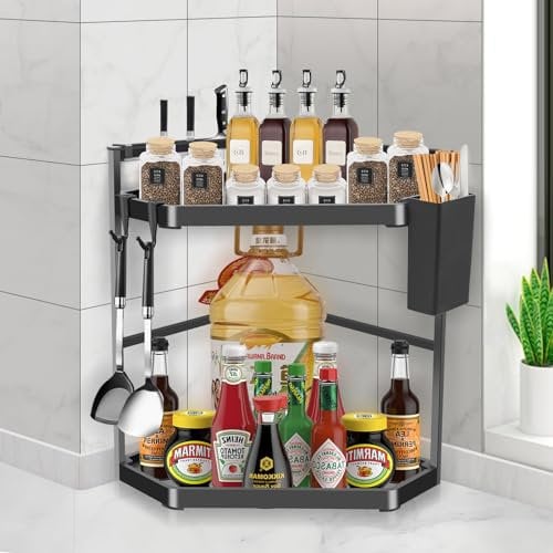 MaxEarn Portaspezie da cucina, scaffale angolare per spezie a 2 livelli, 40 x 29 x 39 cm, organizer da scrivania in acciaio inossidabile e plastica, con porta coltelli e 2 ganci, per cucina, ufficio,