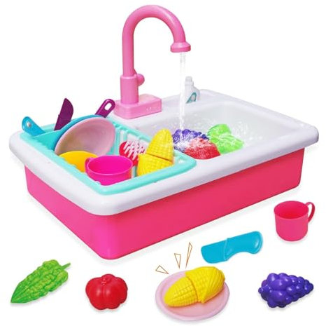 Küchenspüle Spielzeug Set mit Wasserkreislauf, Spielspüle Kinder mit Fließendem Wasser, Kinderküche Zubehör, Obst und Gemüse Spielzeug zum Schneiden, Rollenspiel für Kinder ab 3 Jahre (Rosa)