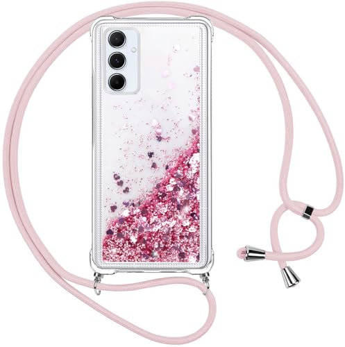 Vauki Cover per Samsung Galaxy A55 5G con Cordino,Trasparente Glitter Liquido Antiurto Brillantini Tracolla Custodia,Silicone Bumper Laccio Sabbie Donna Protettivo Case, Rosa