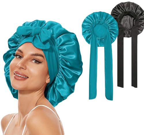 Catelves Seidenhaube Zum Schlafen, 2 Stück Schlafhaube Seide, Silk Bonnet Weiche Bequeme, Satin Haarhaube, Atmungsaktive Anpassbare Schlafmütze, Satinhaube Zum Schlafen für Mädchen(Schwarz+Königsblau)