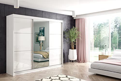 ALTDECOR Kleiderschrank mit Spiegel und Schiebetüren, kugelgelagerte Führungsschienen und Aluminium-Leisten - VIVI - 180 cm Weiß