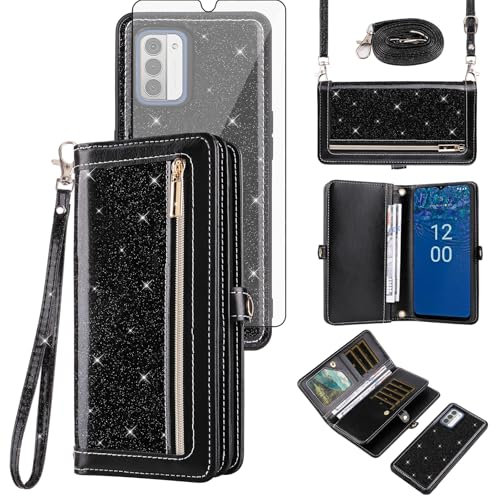 Asuwish Phone Case for Nokia G310/G42 5G Zipper Wallet Detachable Cell Cover with Tempered Glass Screen Protector Crossbody Strap Bling Glitter Flip Card Holder NokiaG310 G 310 310G Women Girls Black