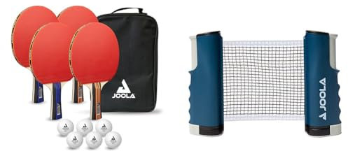 JOOLA Tischtennisset Family Advanced, 4 Tischtennisschläger + 6 Tischtennisbälle 3Star & ausziehbares tragbares Tischtennisnetz Connect, Set (verstellbare Länge)