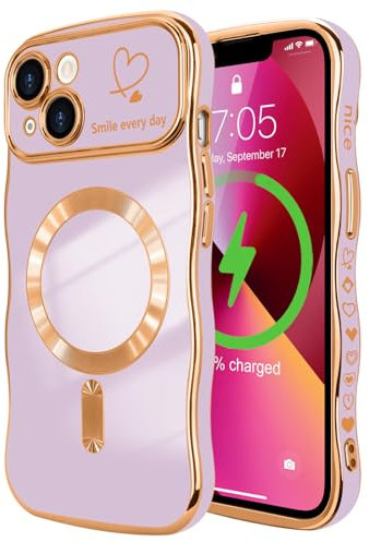 LCHULLE Magnetisch Handyhülle für iPhone 13 Hülle [Kompatibel mit Magsafe] Liebesherz Schutzhülle Kameraschutz Wellen Lockige Form Galvanisch Silikon Case für iPhone 13 Helllila