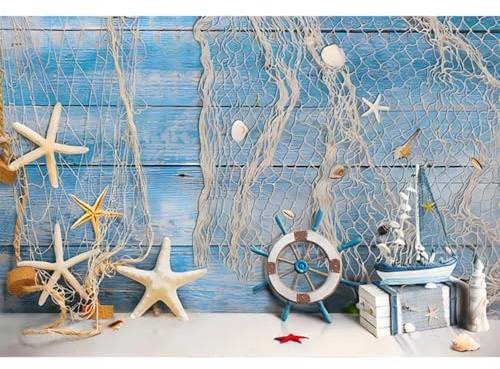YongFoto 1,5x1m Chambre d'enfants Photographie Toile de Fond étoile de mer Filet de pêche Scène Nautique pour Chambre d'enfant Décors muraux Fond de Photos Bébé Garçon Fille Thème drôle Accessoires