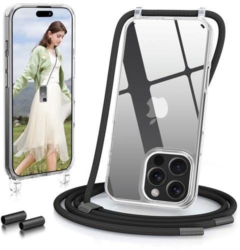 GOODVISH Handykette iPhone 16 Pro Max Hülle mit Band 6,9 Zoll, Transparent Necklace Handyhülle 16 Pro Max mit Kette, Stossfest Schutzhülle, [Abnehmbar Umhänge] Stylische case, Schwarz