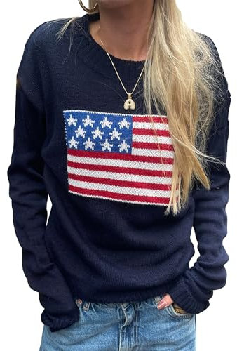 SANSIWU Y2k Damen-Pullover, Vintage-Pullover, lässig, langärmelig, Rundhalsausschnitt, lockerer Strickpullover, USA-Flagge, bedruckt, Sweatshirt mit adretter gestreifter Pullover, D-Marineblau, S